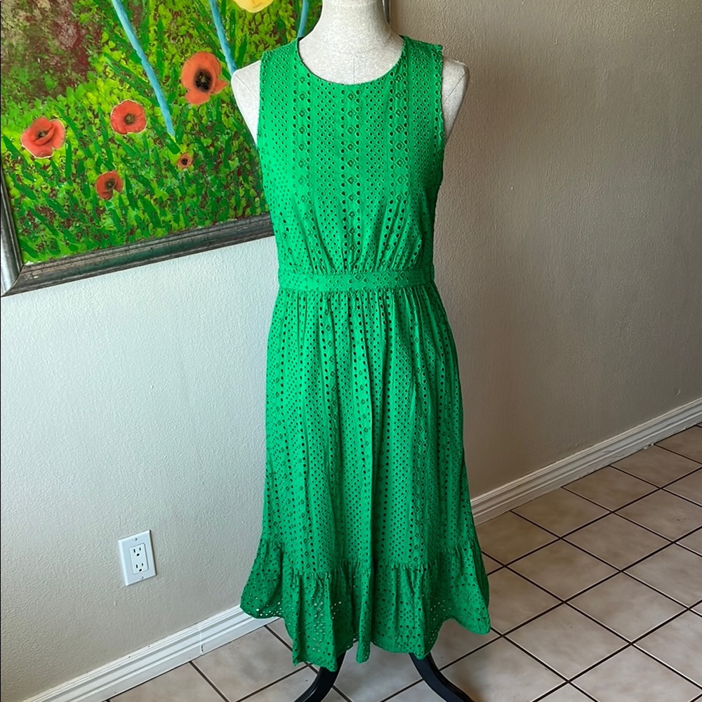 J. Crew Green Eyelet Midi Dress